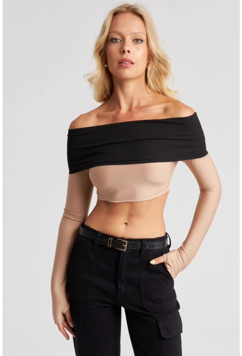 Kadın Camel-Siyah Madonna Crop Bluz CG322