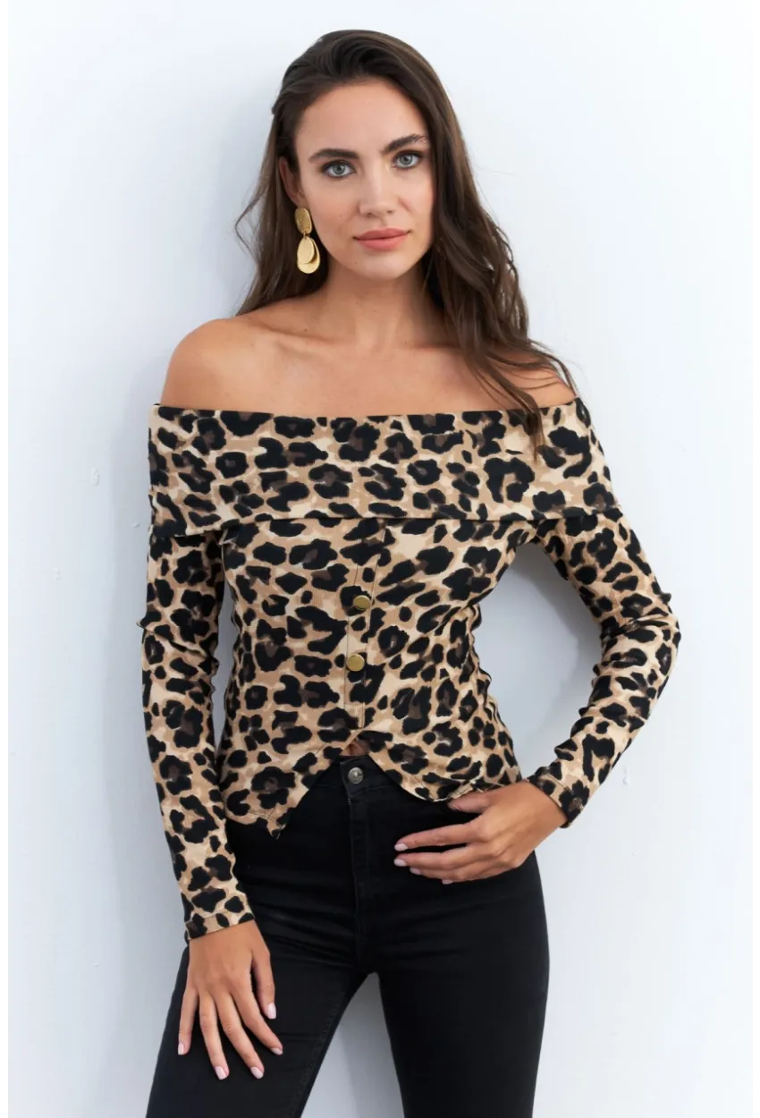 Kadın Camel-Siyah Madonna Yaka Leopar Bluz RLO77