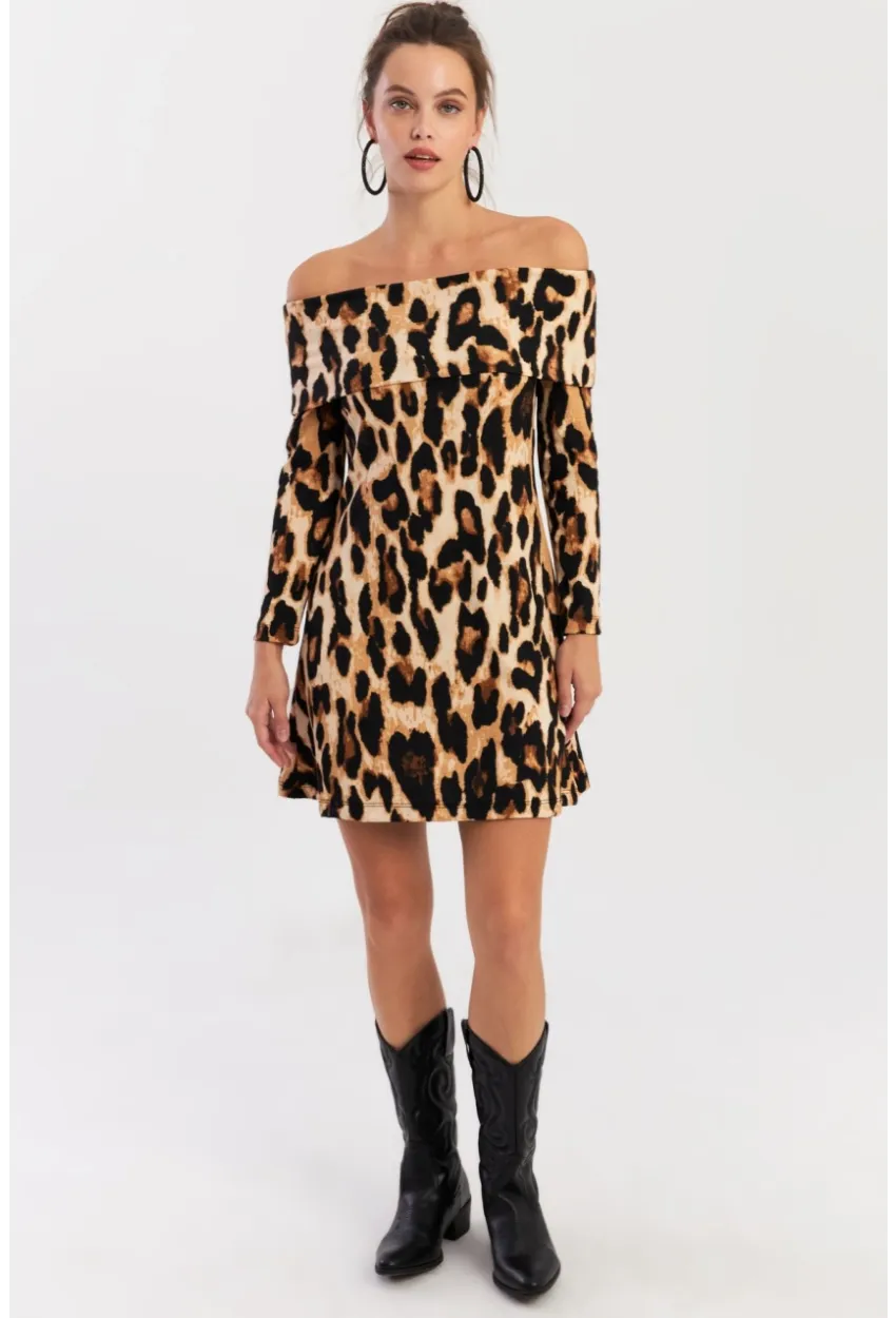 Kadın Camel-Siyah Madonna Yaka Leopar Mini Elbise EY2915