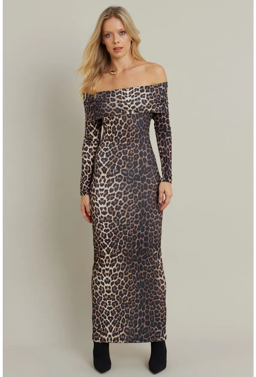 Kadın Camel-Siyah Madonna Yaka Maxi Elbise LİK10