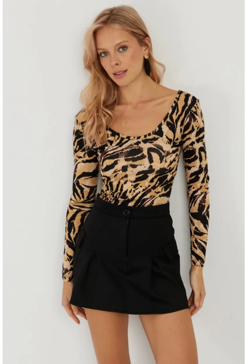 Kadın Camel-Siyah Ön Arka U Zebra Desenli Bluz LPP1266