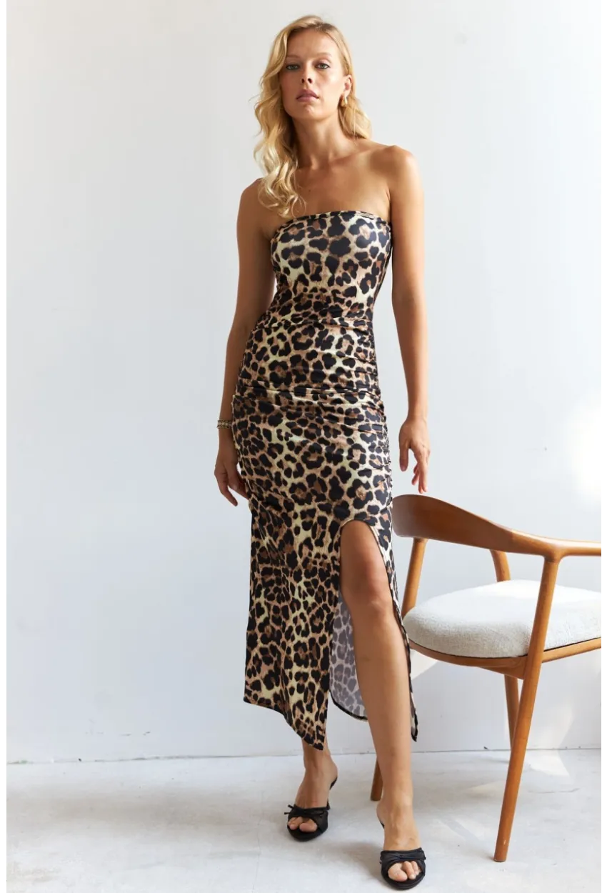 Kadın Camel-Siyah Önü Büzgülü Leopar Midi Elbise HC1591