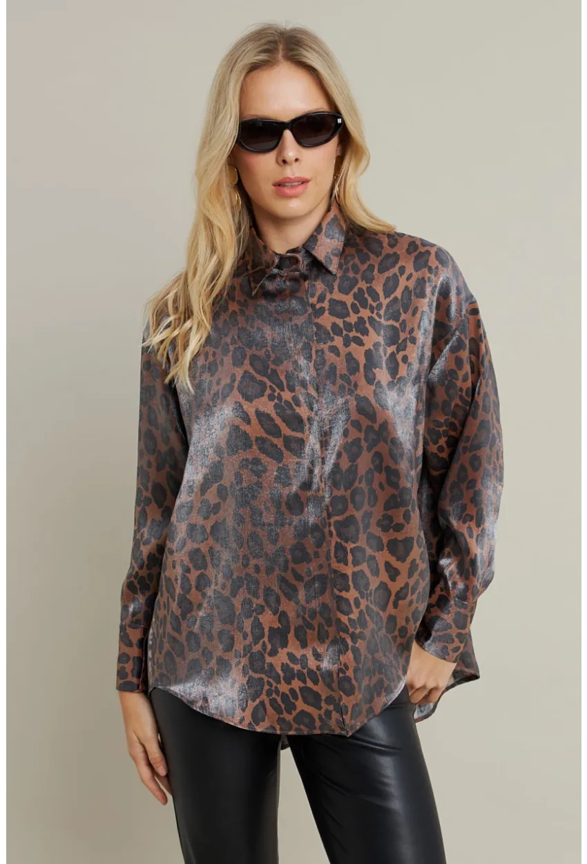 Kadın Camel-Siyah Parlak Leopar Salaş Gömlek MMİW1000