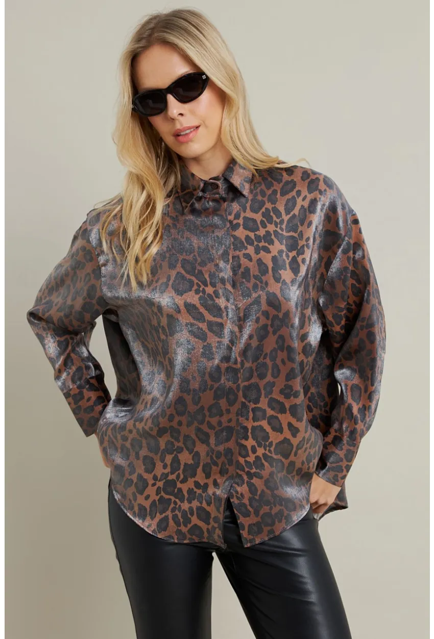 Kadın Camel-Siyah Parlak Leopar Salaş Gömlek MMİW1000