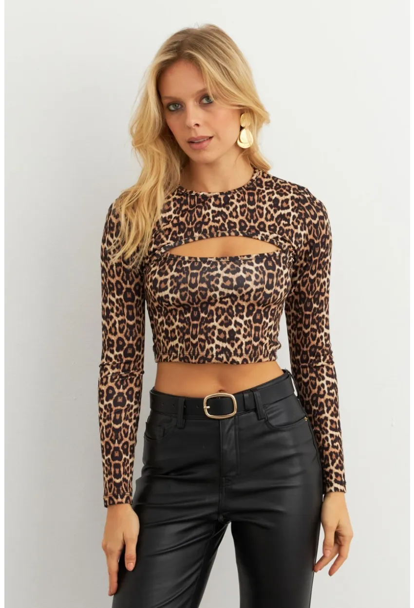 Kadın Camel-Siyah Pencereli Leopar Bluz XL10058