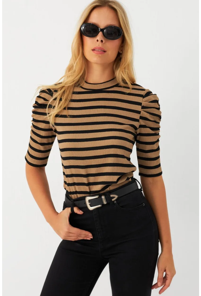 Kadın Camel-Siyah Prenses Kol Bluz MAYD12