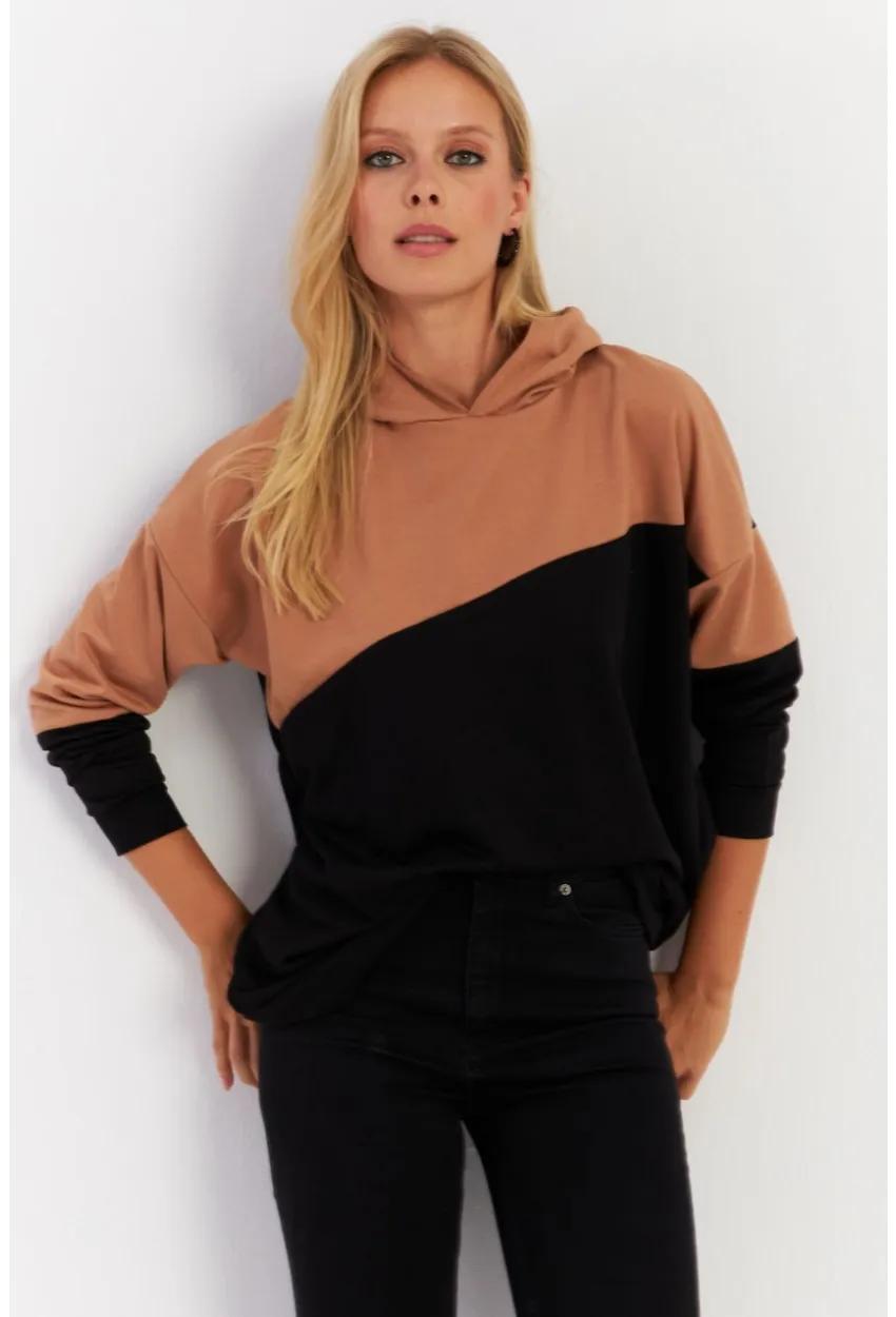 Kadın Camel-Siyah Renk Bloklu Kapüşonlu Sweatshirt DA148
