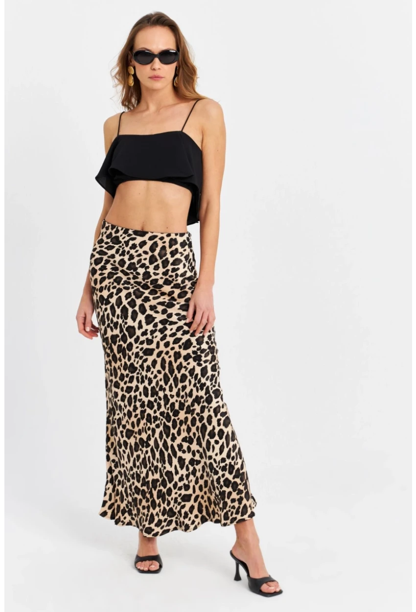 Kadın Camel-Siyah Saten Leopar Etek CAR2431