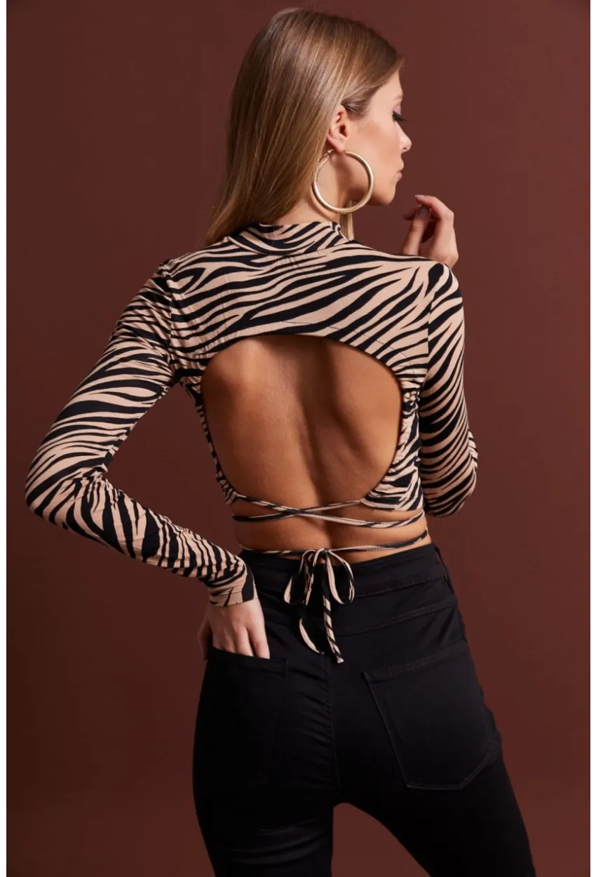 Kadın Camel-Siyah Sırt Dekolteli Zebra Desenli Crop Bluz LPP1131