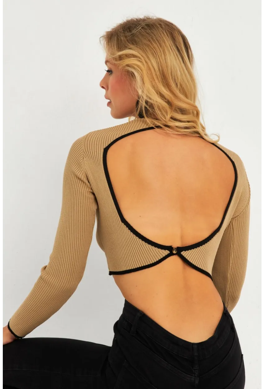 Kadın Camel-Siyah Sırtı Açık Bluz YV270