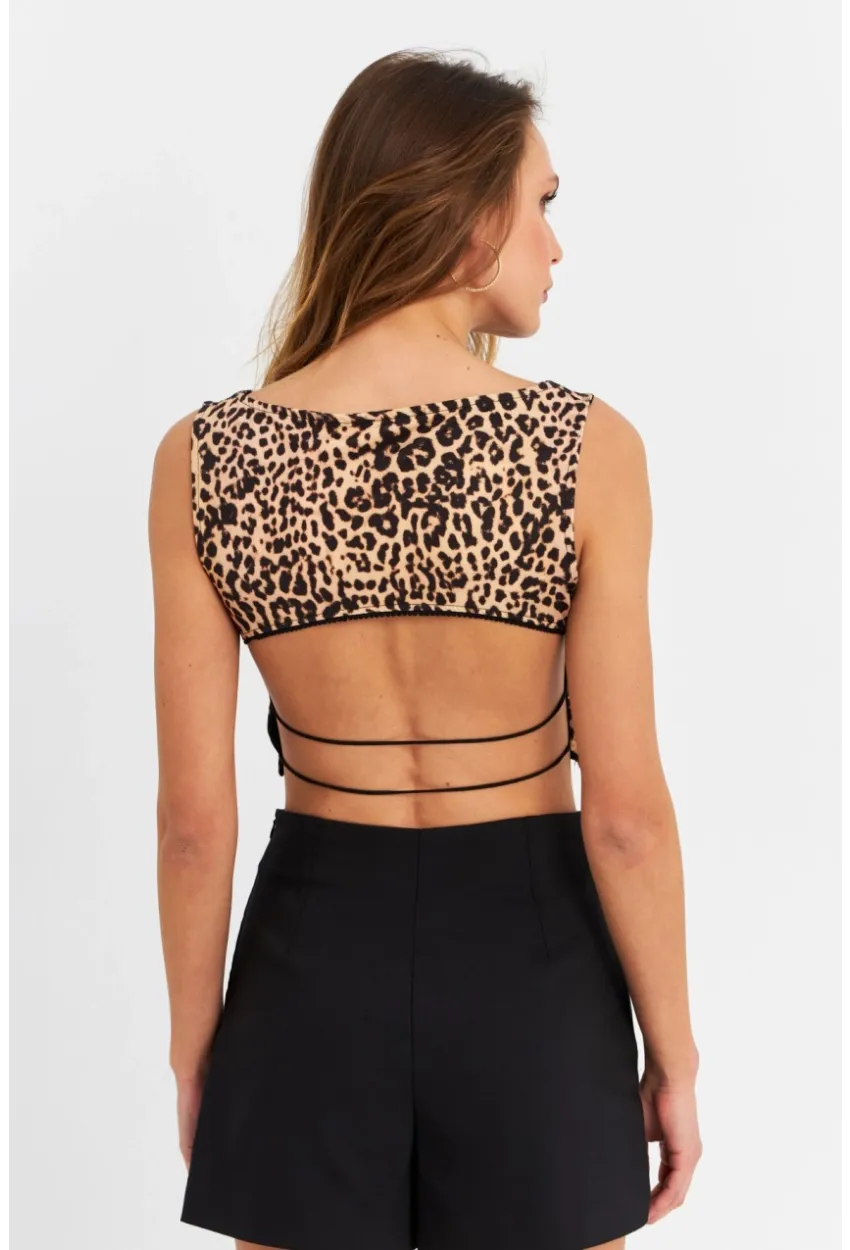 Kadın Camel-Siyah Sırtı Açık Leopar Crop Bluz ZH138
