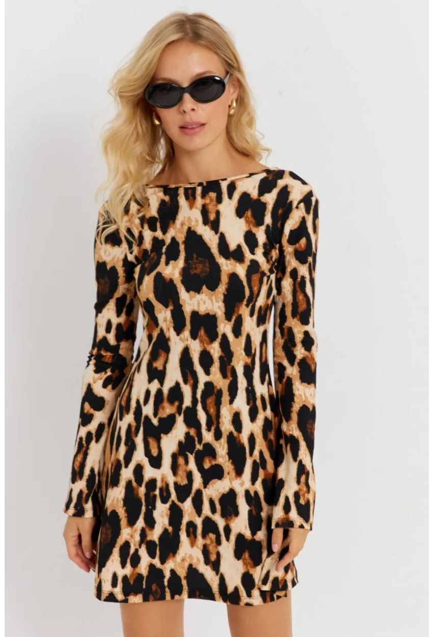 Kadın Camel-Siyah Sırtı Açık Leopar Desenli Midi Elbise EY2891