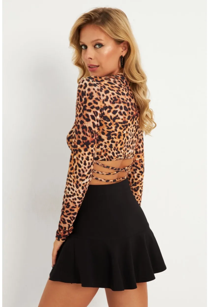 Kadın Camel-Siyah Sırtı Detaylı Leopar Desenli Bluz GÇ179