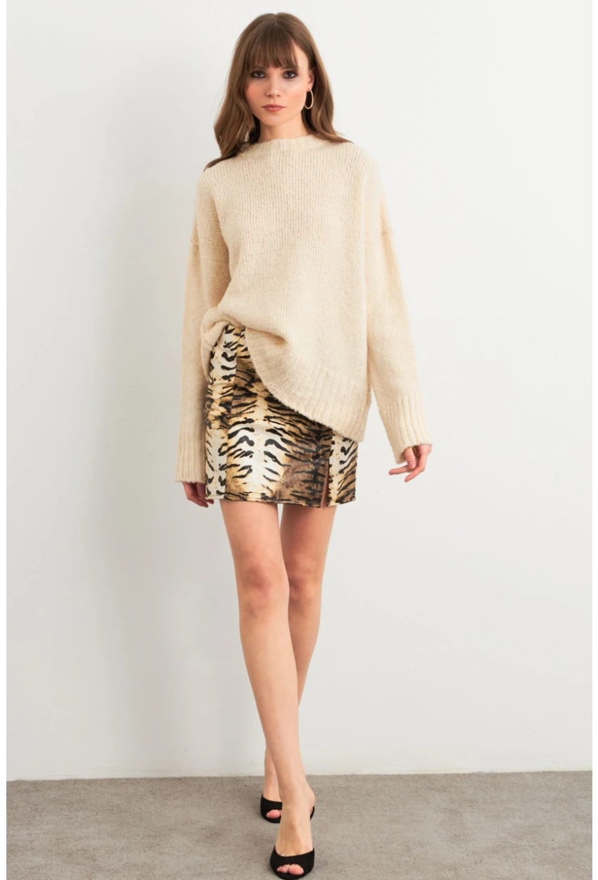 Kadın Camel-Siyah Suni Deri Zebra Desenli Mini Etek NH24475