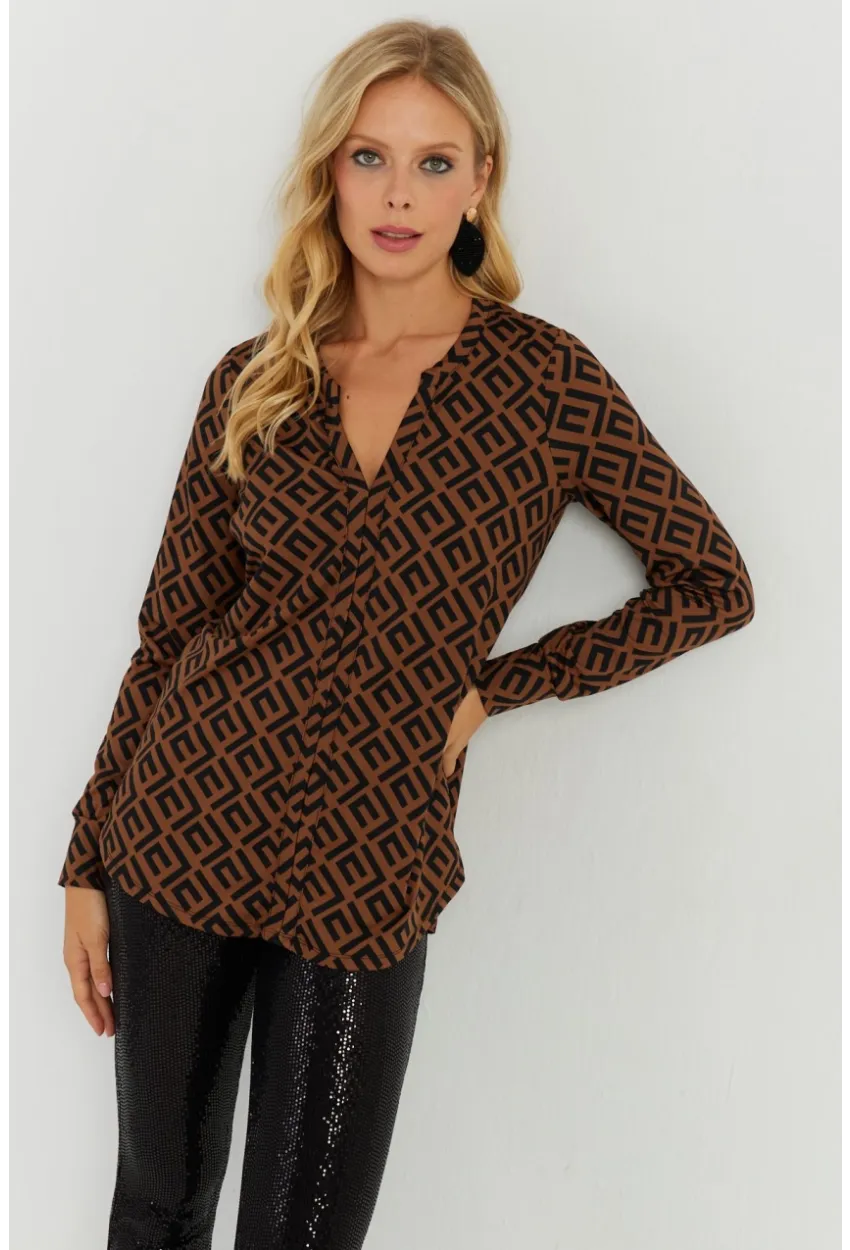 Kadın Camel-Siyah V Yaka Bluz AYD258