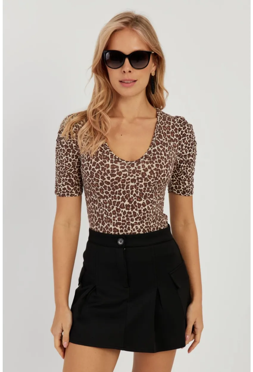 Kadın Camel-Siyah V Yaka Leopar Bluz LPP1263