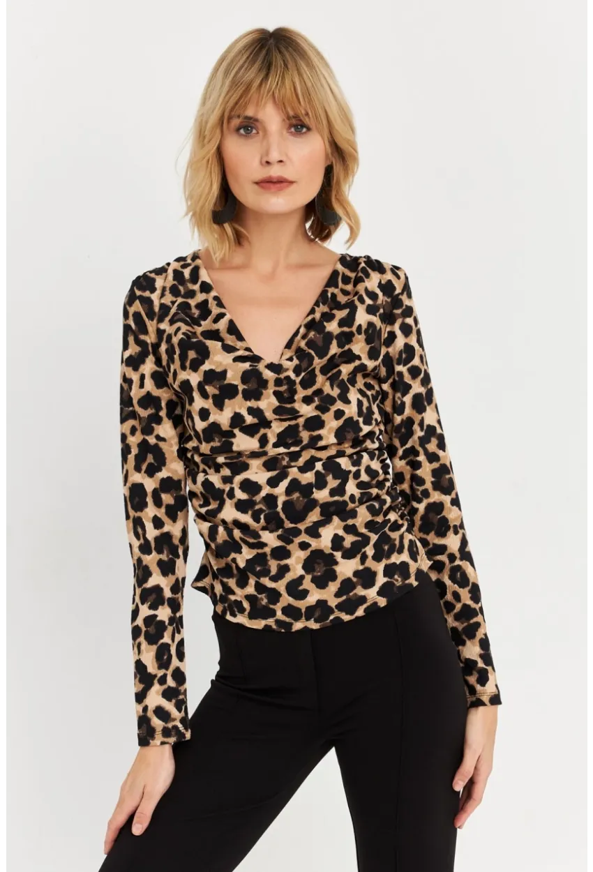 Kadın Camel-Siyah Yanları Büzgülü Degaje Leopar Bluz FRY2272