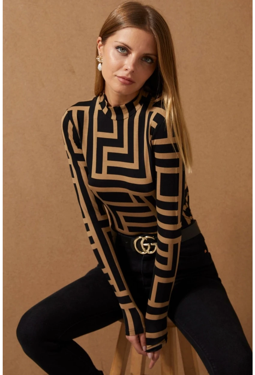 Kadın Camel-Siyah Yarım Balıkçı Desenli Bluz LPP1147