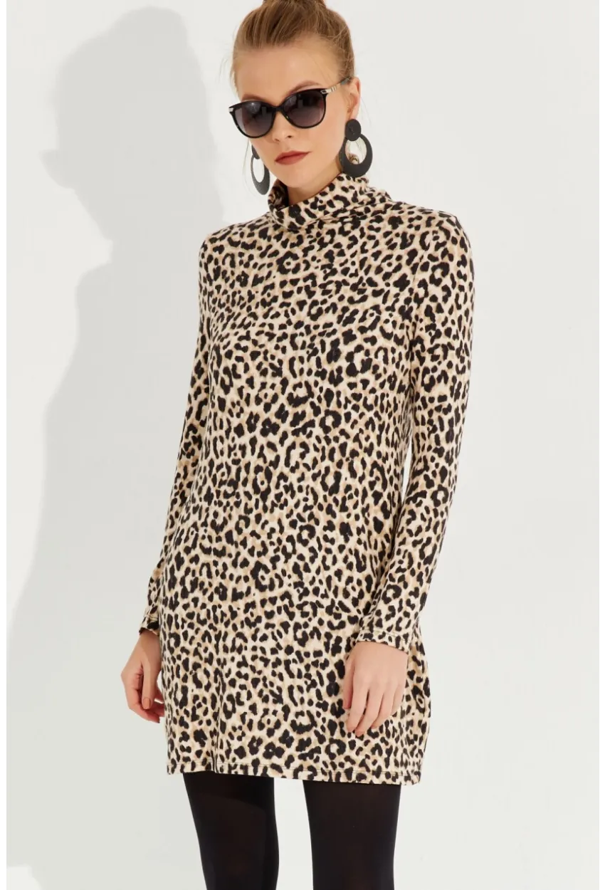 Kadın Camel-Siyah Yumoş Leopar Mini Elbise AYD253