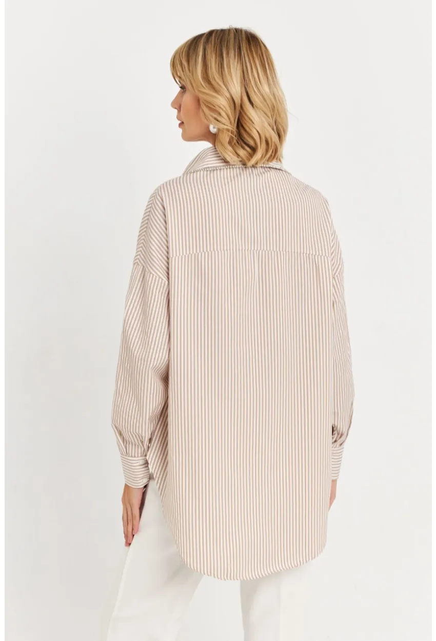 Kadın Camel Taş Detaylı Çizgili Gömlek KED4088