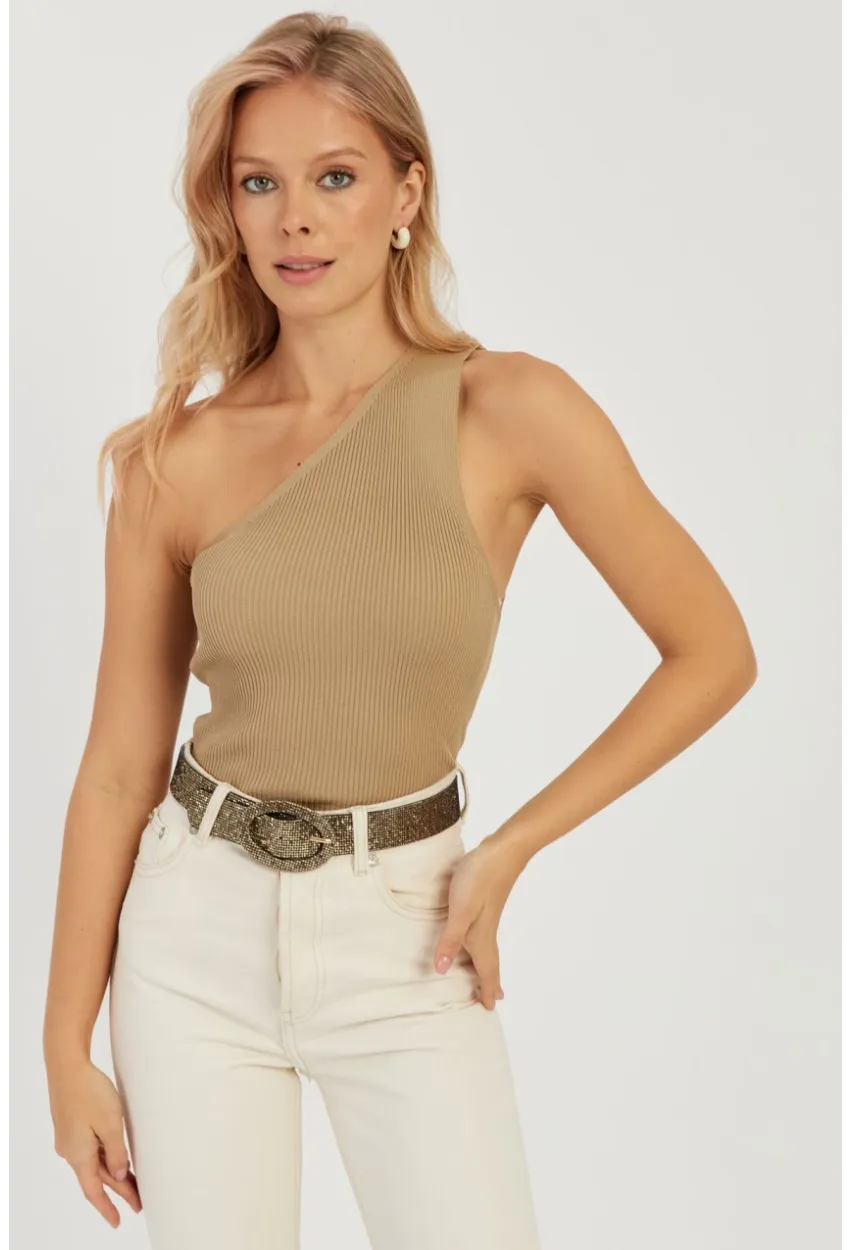 Kadın Camel Tek Omuz Triko Bluz YV90