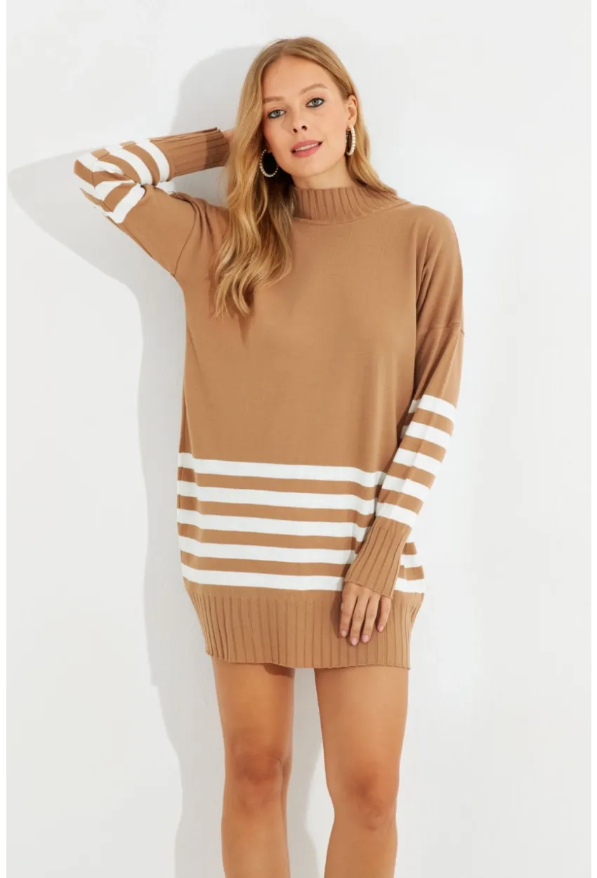 Kadın Camel Triko Çizgili Tunik YV202