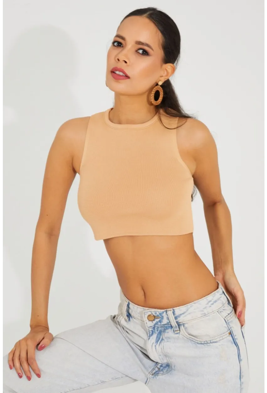 Kadın Camel Triko Crop Triko Bluz KZ2447