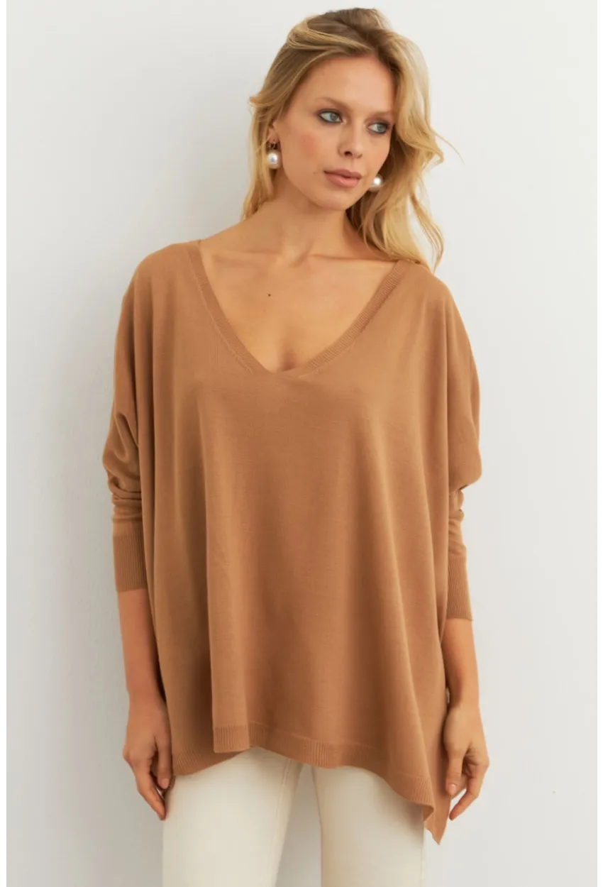 Kadın Camel V Yaka Salaş Bluz YV304