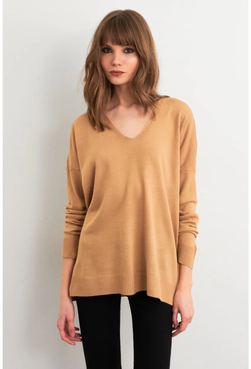 Kadın Camel V Yaka Triko Kazak YİL549