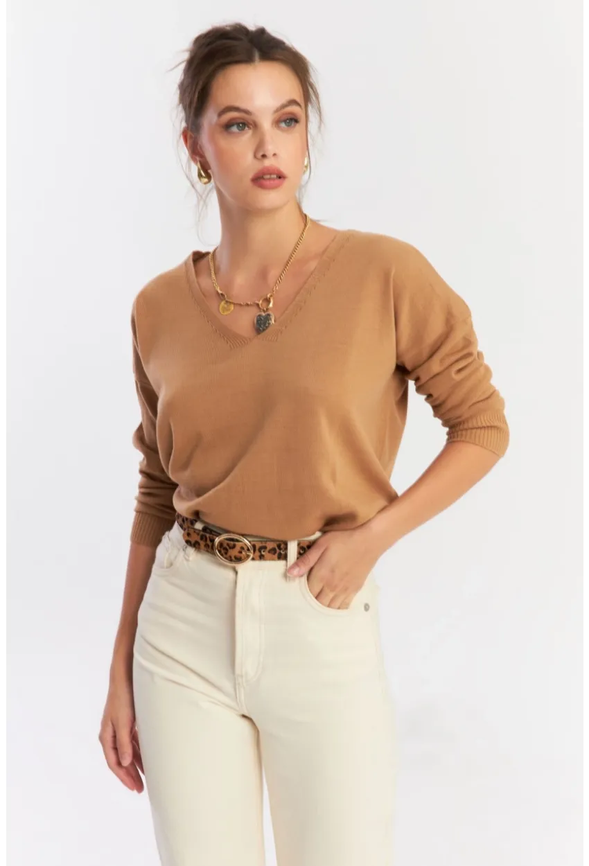 Kadın Camel V Yaka Yalaş Triko Bluz YİL552