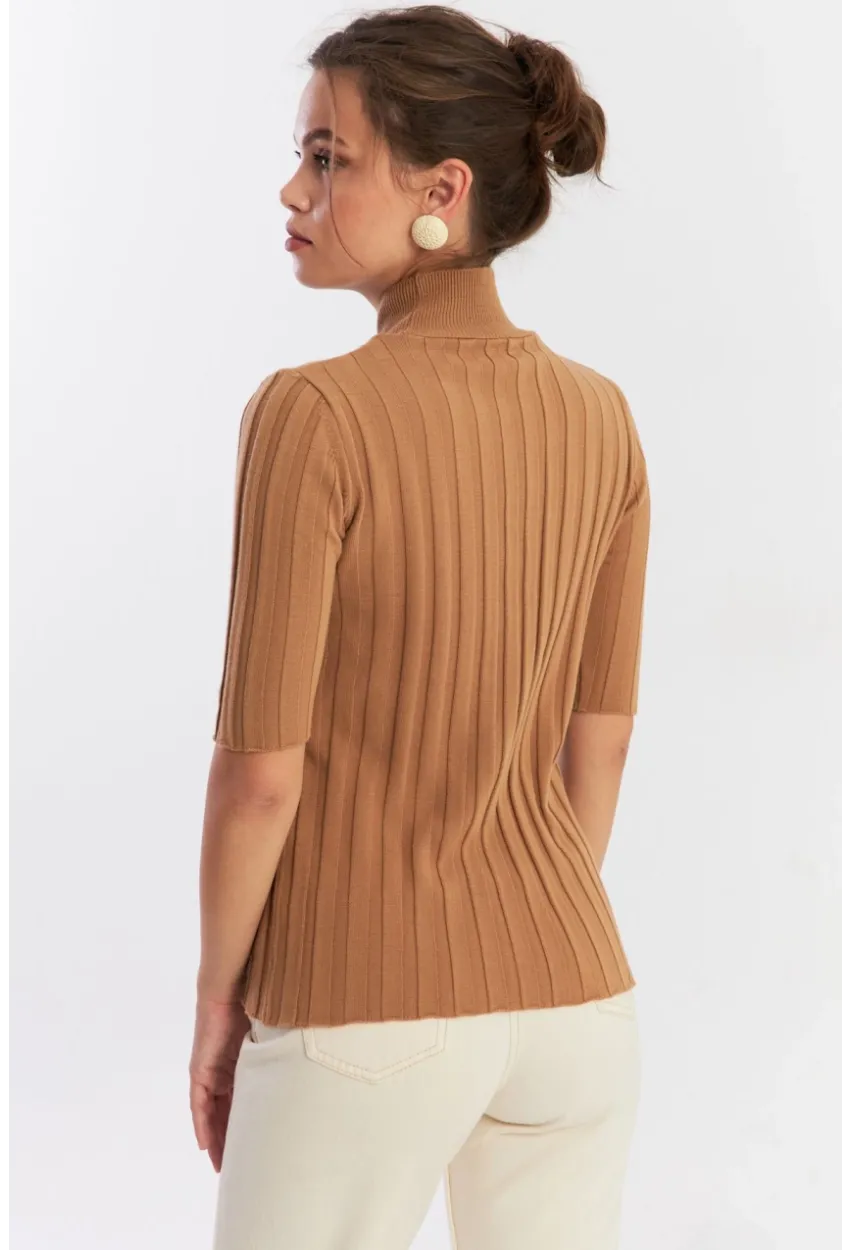 Kadın Camel Yarım Balıkçı Triko Bluz YV287