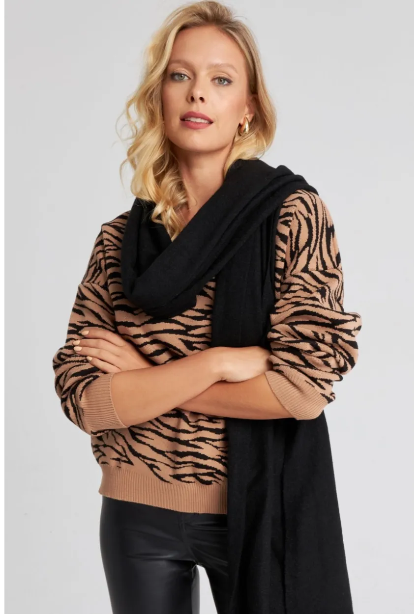 Kadın Camel Zebra Desenli Triko Kazak YZ521