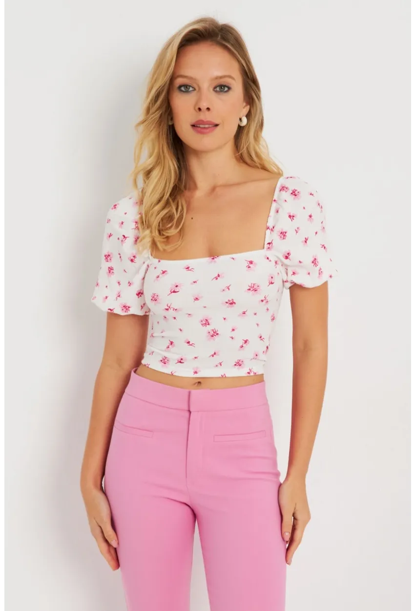 Kadın Çiçekli Crop Bluz Beyaz AYD270