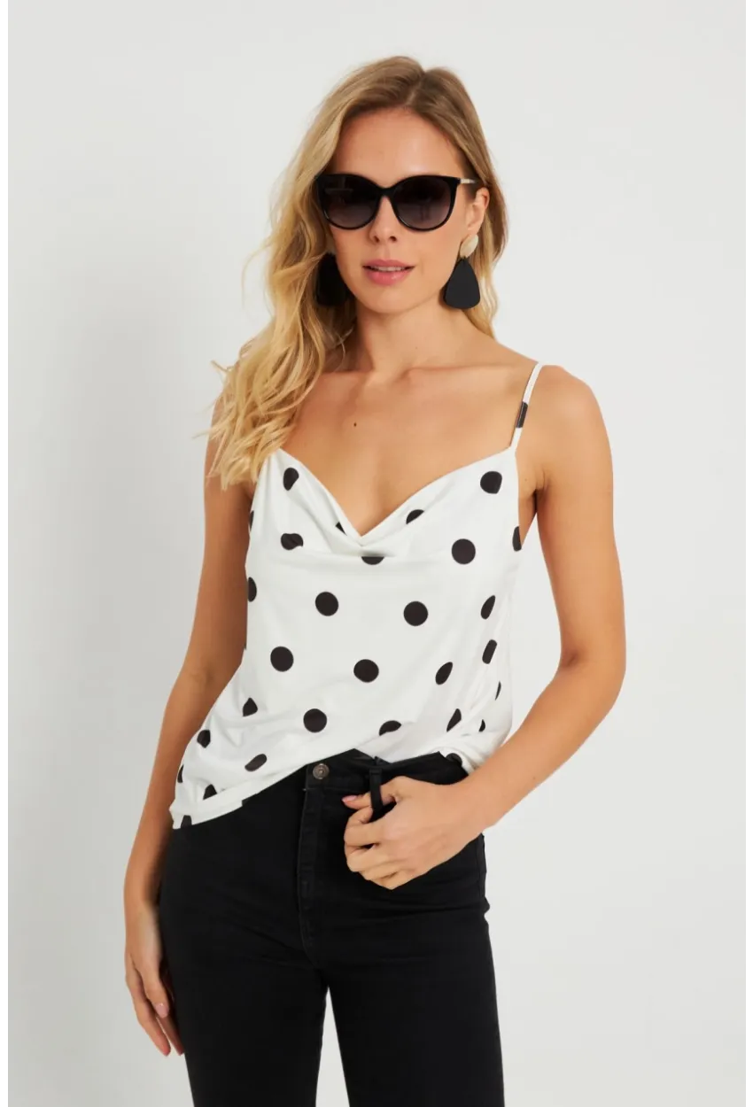 Kadın Degaje Yaka Puantiyeli Bluz Beyaz-Siyah LPP1255