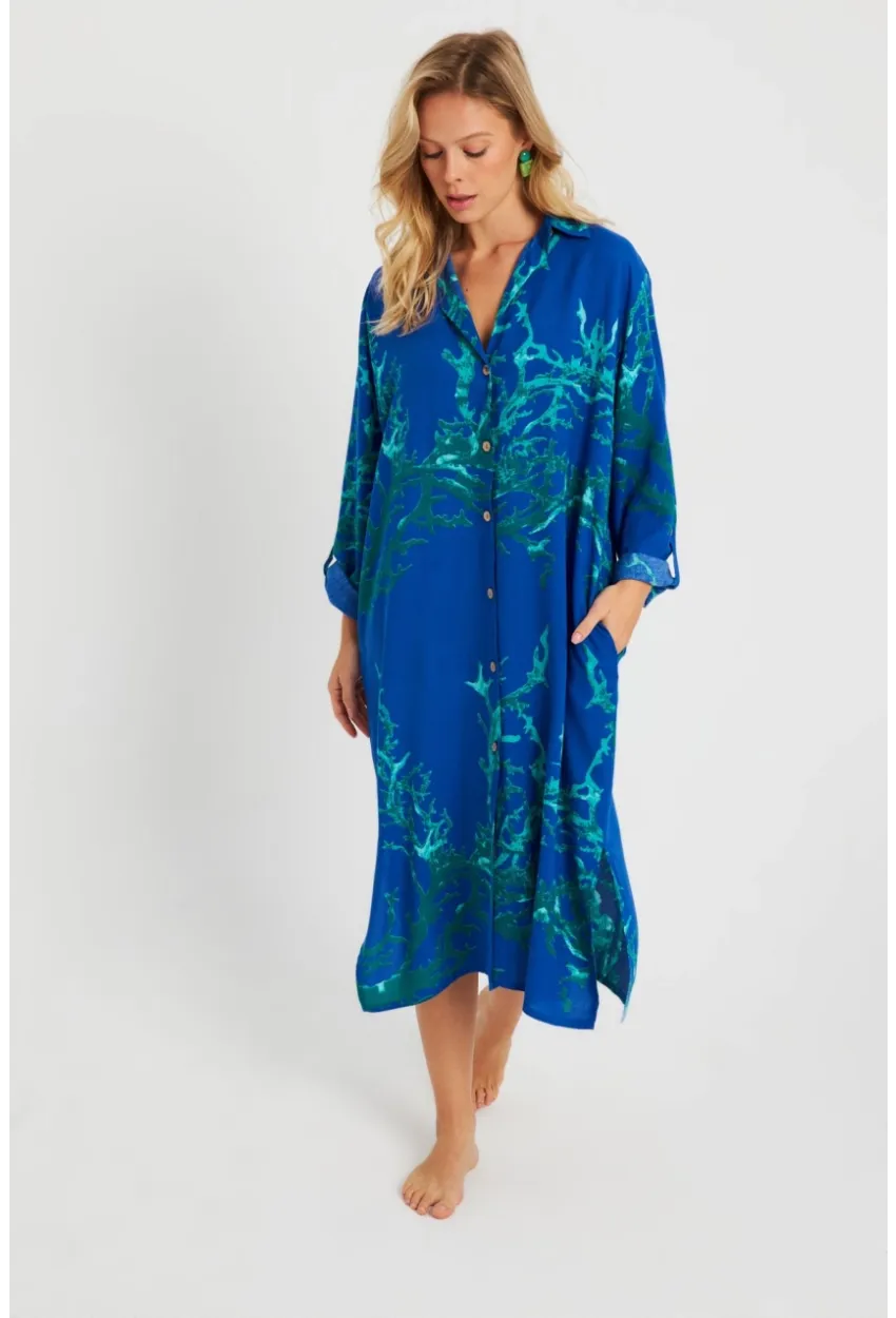 Kadın Desenli Gömlek Elbise Saks LV174