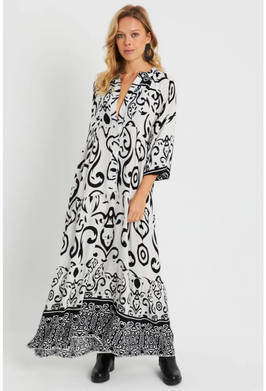 Kadın Desenli Salaş Maxi Elbise Beyaz-Siyah Q981