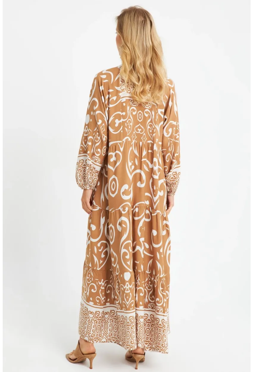 Kadın Desenli Salaş Maxi Elbise Camel Q981