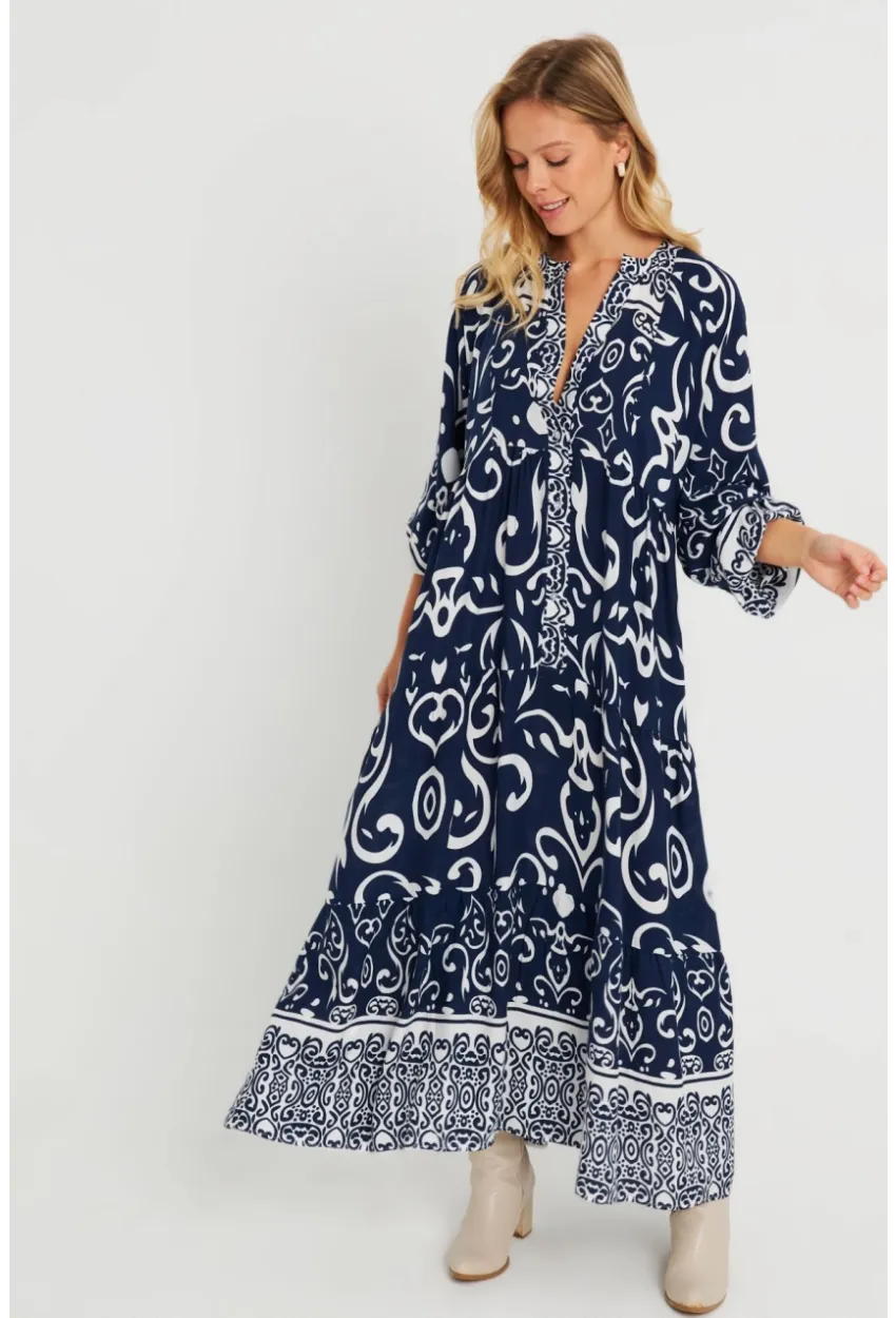 Kadın Desenli Salaş Maxi Elbise Lacivert Q981