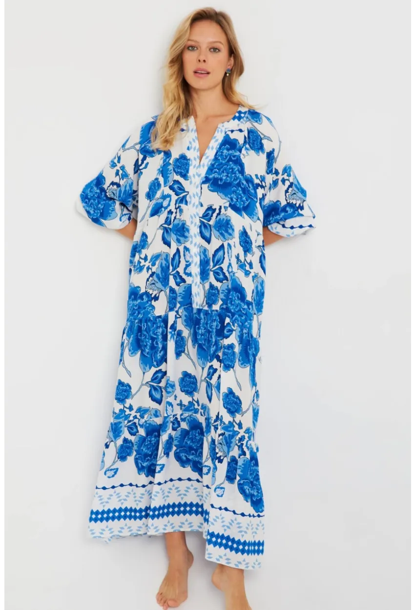 Kadın Desenli Salaş Maxi Elbise Mavi Q981