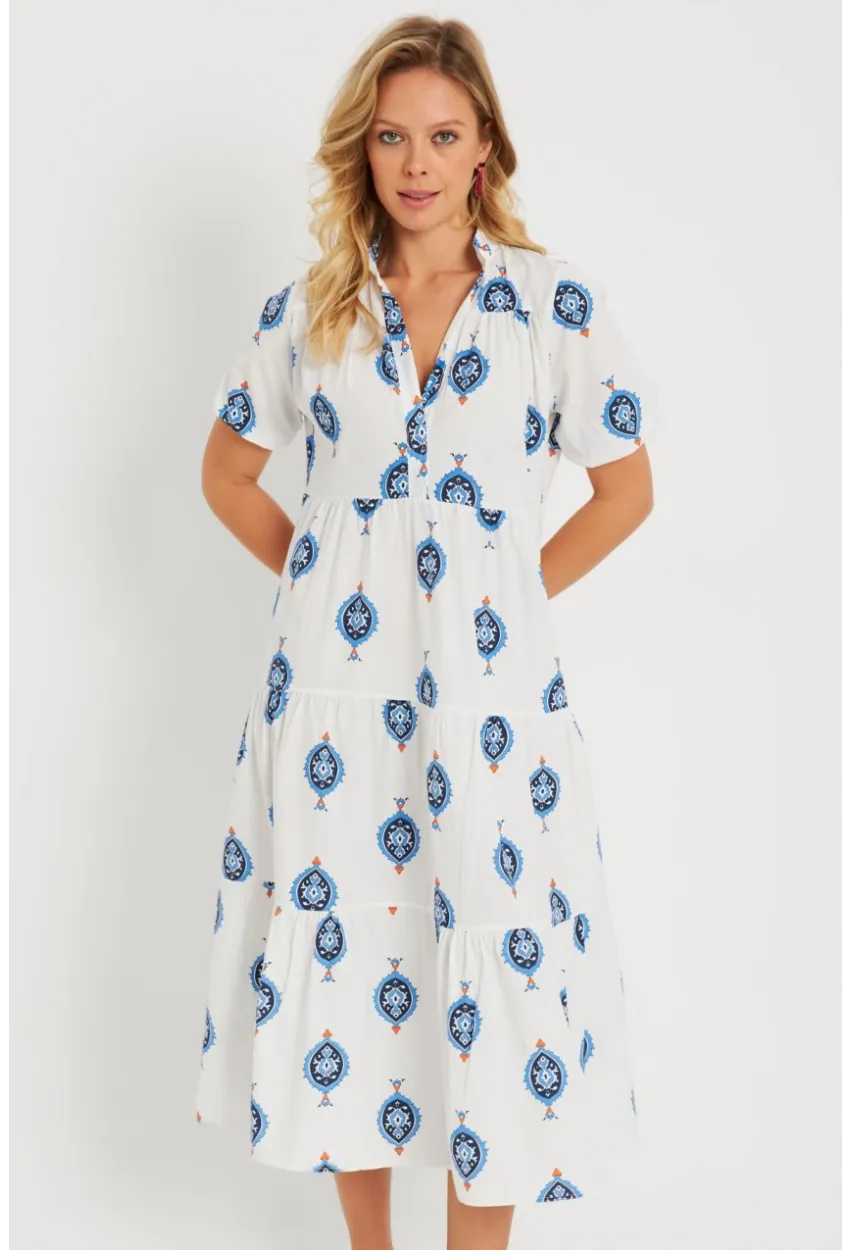 Kadın Desenli Salaş Mini Elbise Beyaz ASH23046