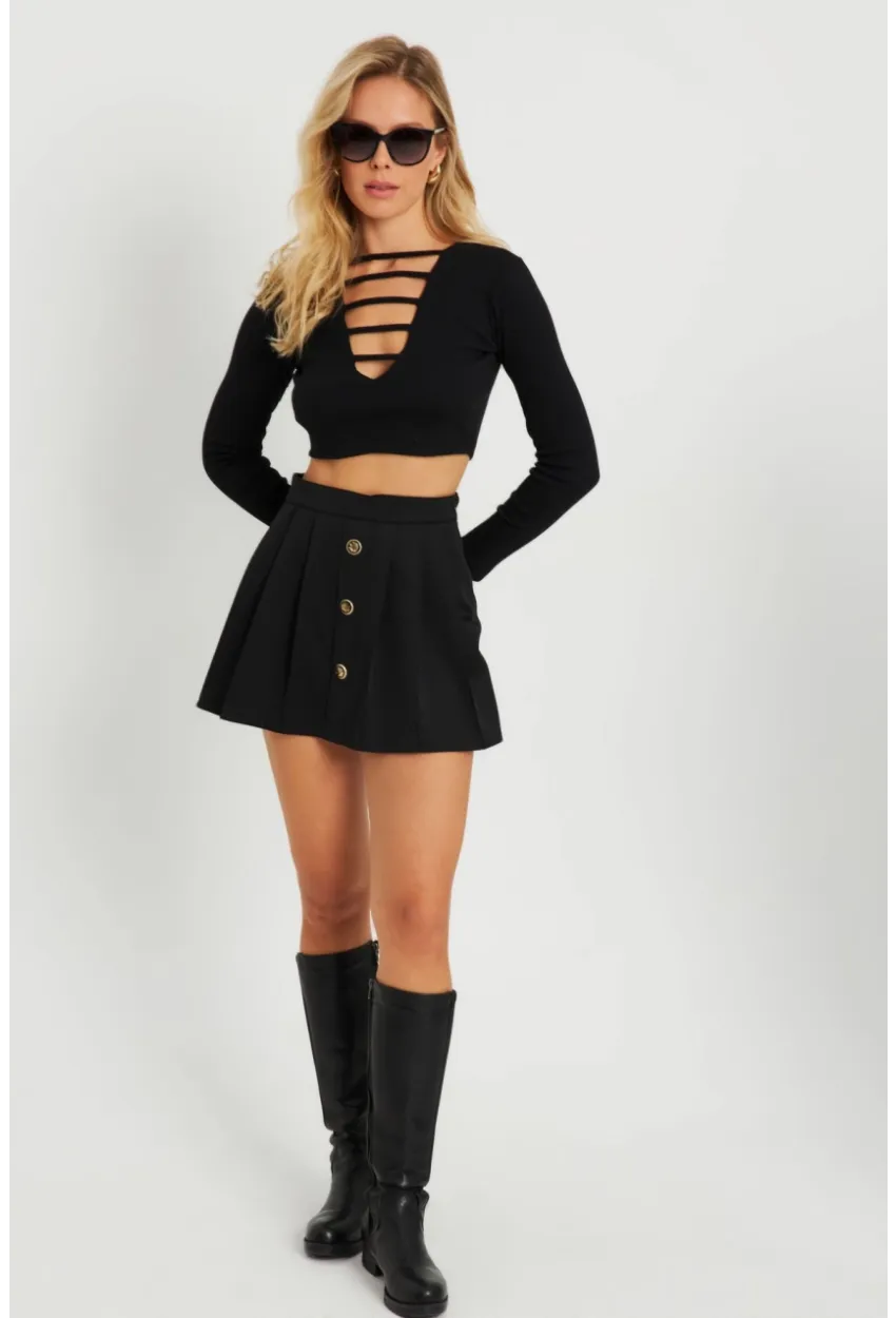 Kadın Düğme Detaylı Şort Etek Siyah KED0051