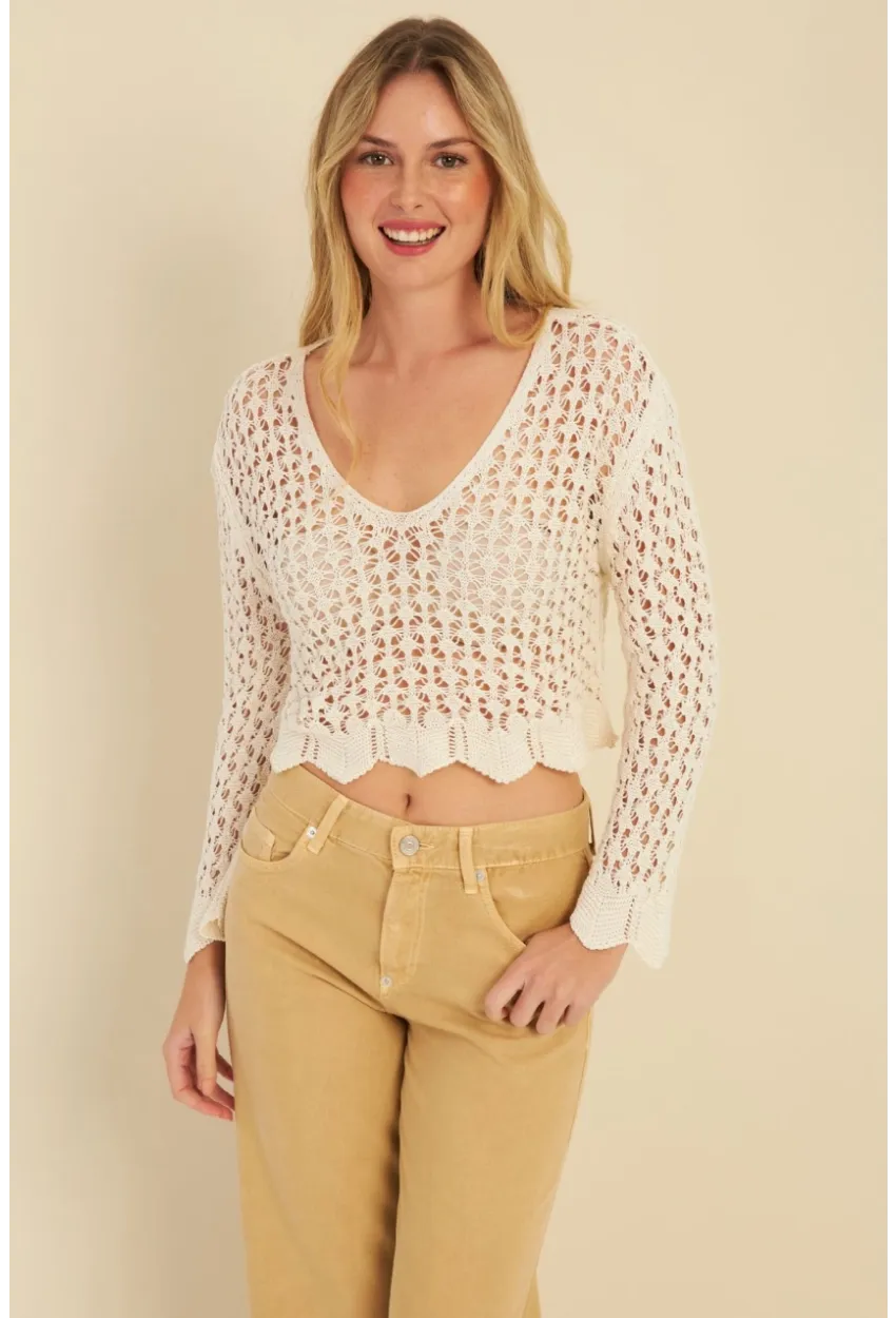 Kadın Ekru Ajurlu Triko Bluz MZU603
