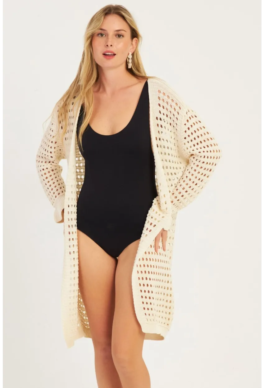 Kadın Ekru Ajurlu Triko Hırka ZU608