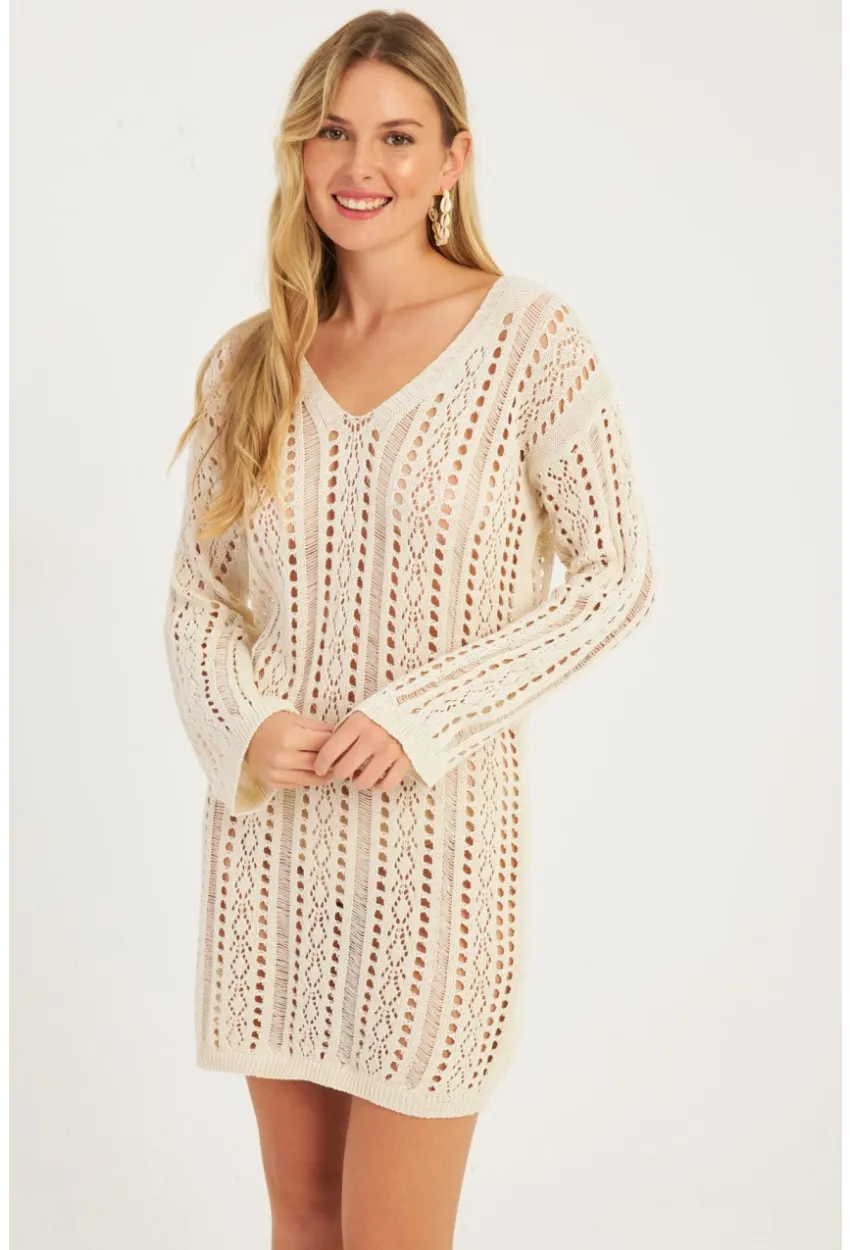 Kadın Ekru Ajurlu Triko Mini Elbise MZU605