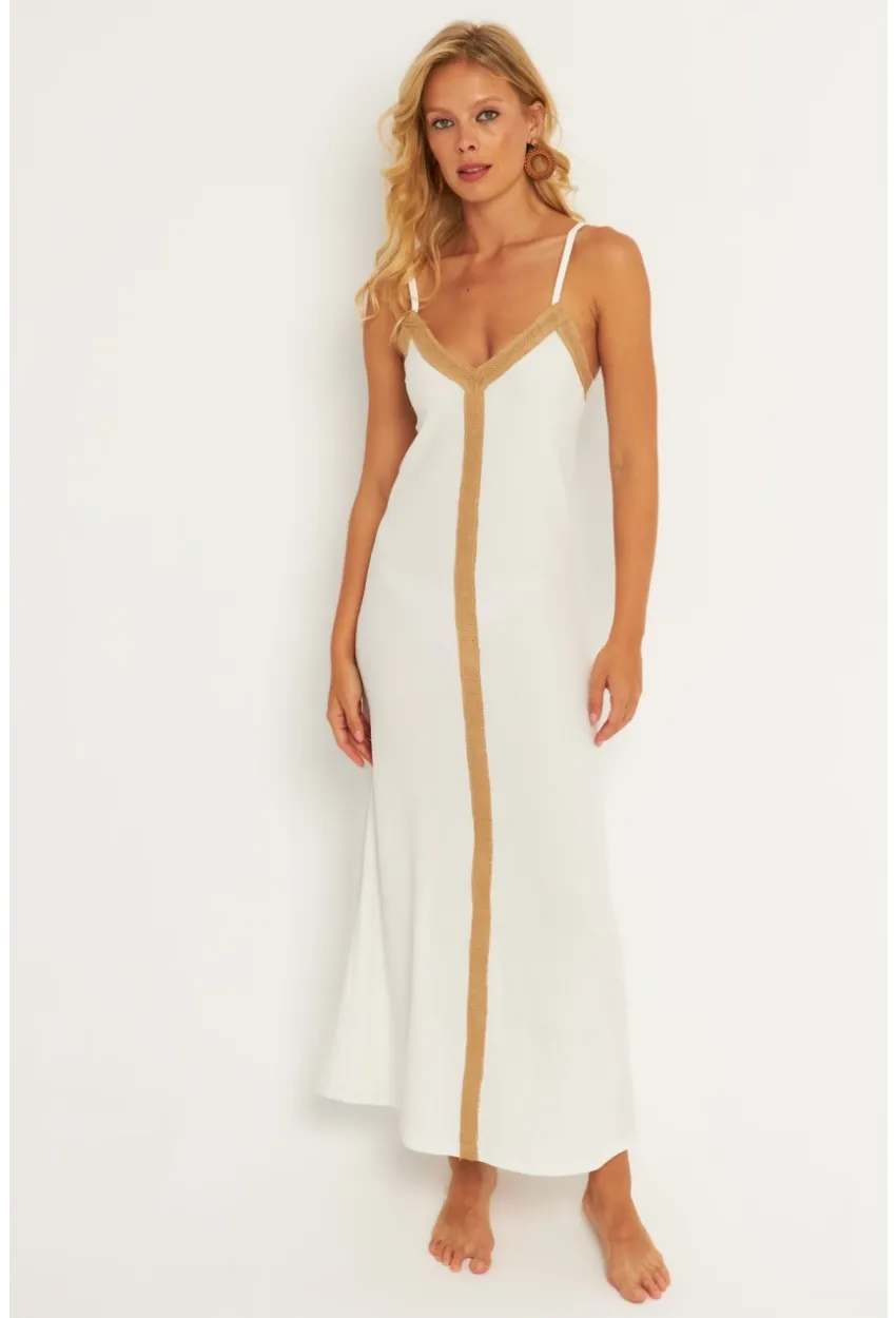 Kadın Ekru Aksesuarlı Bürümcük Midi Plaj Elbise EY2839