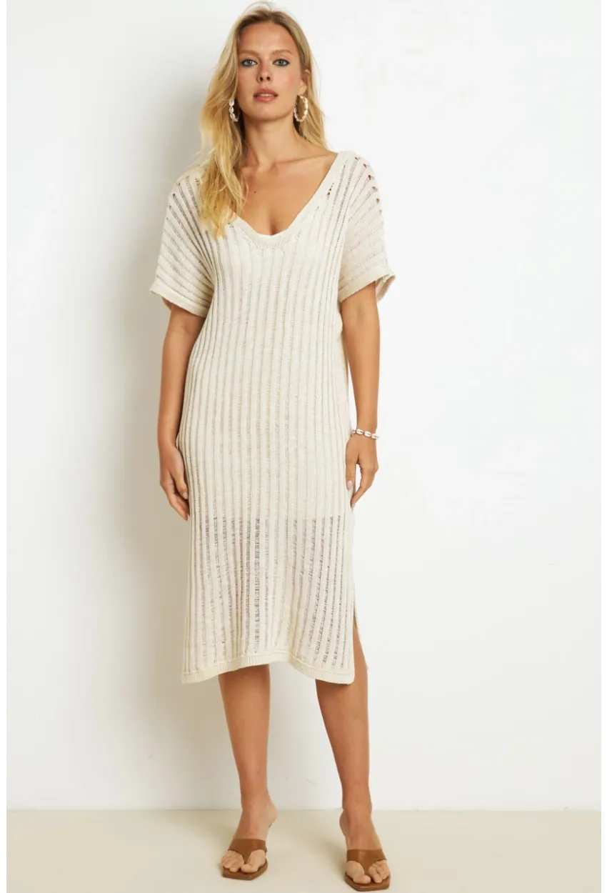 Kadın Ekru Astarlı Simli Triko Midi Elbise ET04
