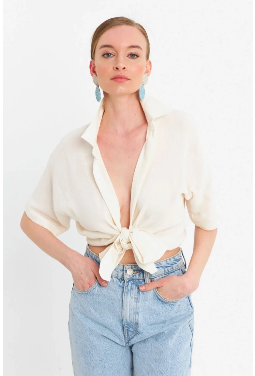 Kadın Ekru Bağlamalı Keten Bluz BTH16