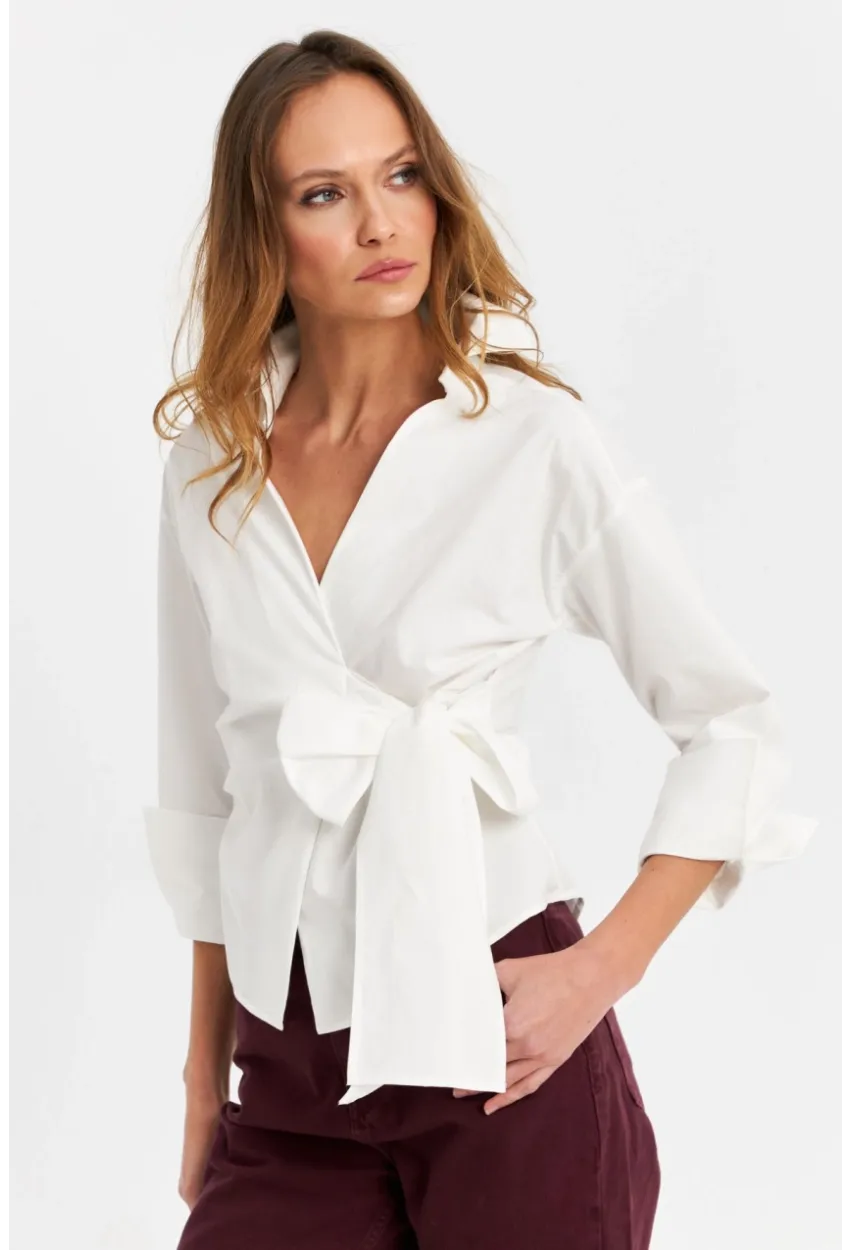Kadın Ekru Bağlamalı Kruvaze Gömlek MFS9792