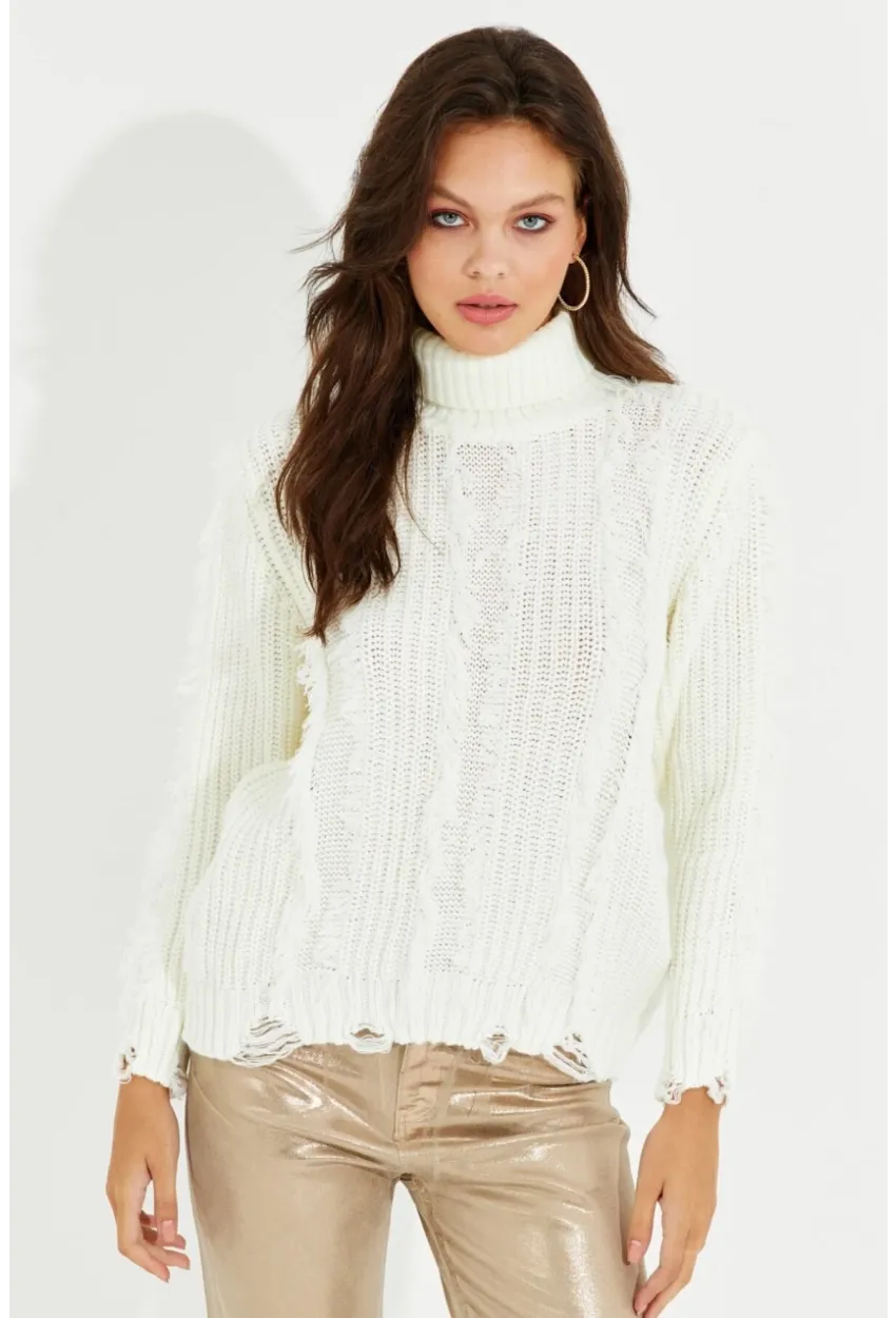 Kadın Ekru Balıkçı Yaka Püsküllü Triko Kazak KZ2471