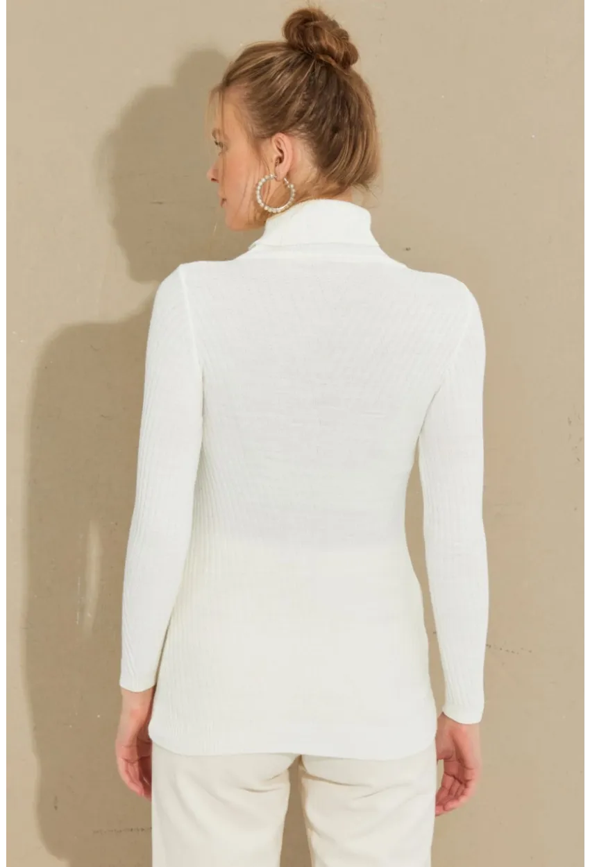 Kadın Ekru Balıkçı Yaka Triko Bluz MMSS128